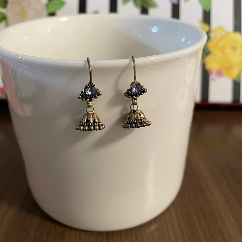 Brass/Gold Colored Unique Dangle Earrings With Clear Colored Gem LIKE NEW
